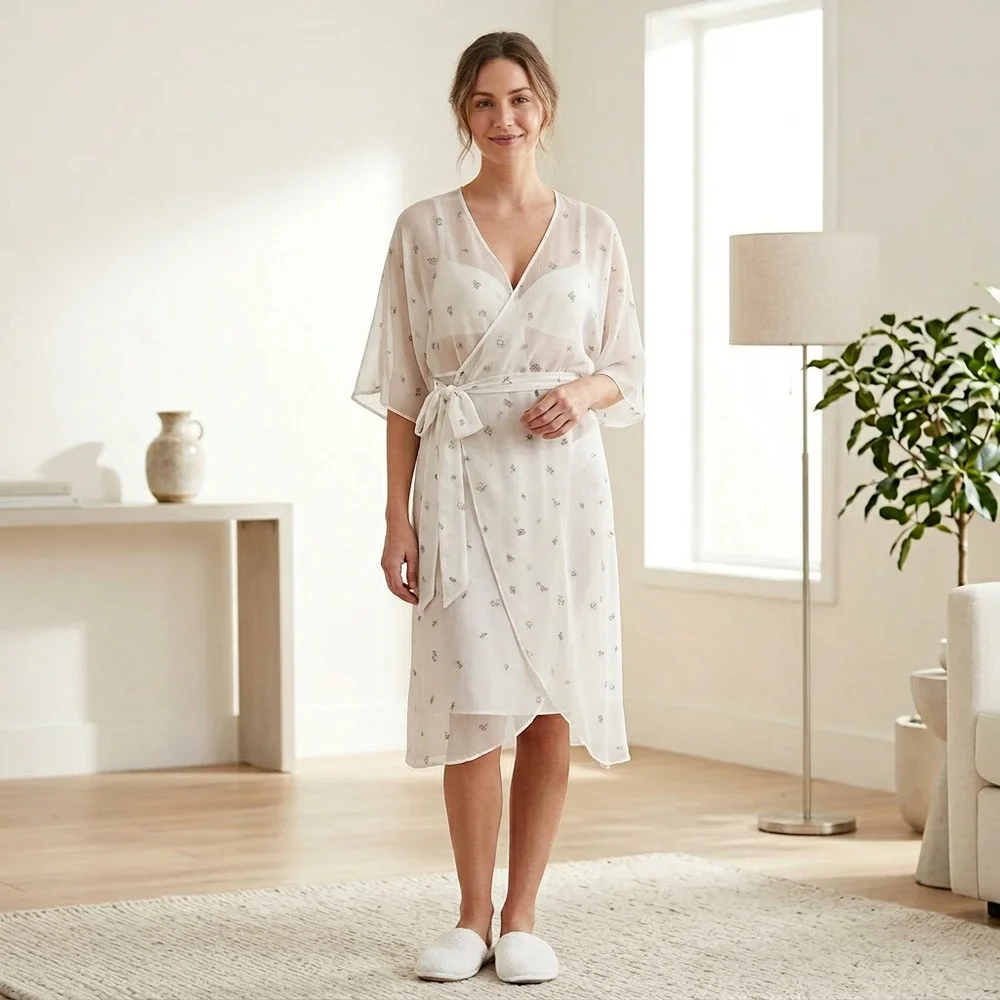 Victoria's Secret Chiffon Floral Embroidered Accents Long Robe, M/L